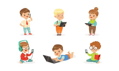 Children with modern gadgets. Vector illustration on a white background.のイラスト素材