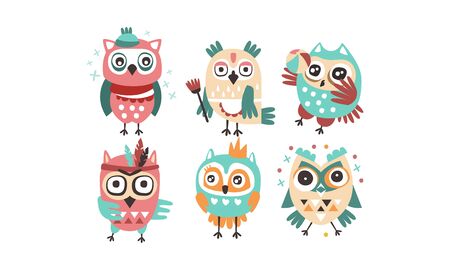Set of humanized stylish owls. Vector illustration on a white background.のイラスト素材