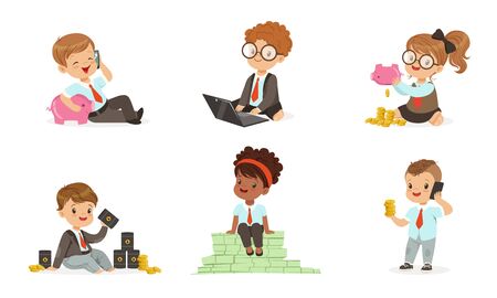 Cute little children in the role of businessmen with a bunch of bills, coins, oil barrels and piggy banks. Set of vector illustrations.のイラスト素材