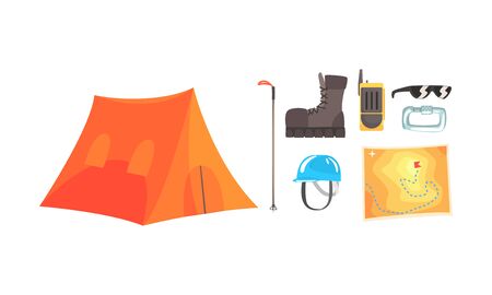 Orange tent and walkie-talkie, map, boots, sunglasses. Vector illustration on a white background.のイラスト素材