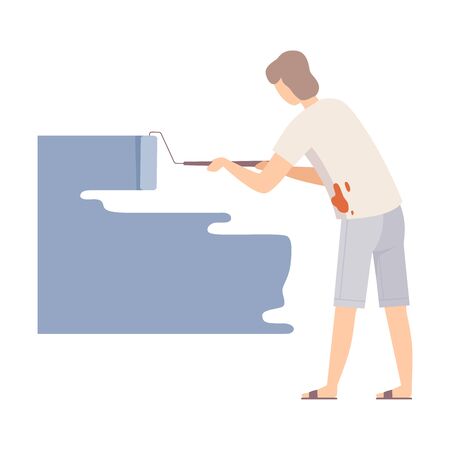 Woman painter paints the wall with roller in bluish grey color. Wearing casual, standing of her back. Copy space for designer. Flat vector illustration, isolated on white background.のイラスト素材