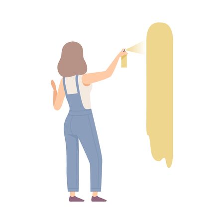 Woman in blue overall paints the wall with atomizer spray, in pastel yellow color. Copy space for any text. Flat vector illustration, isolated on white background.のイラスト素材