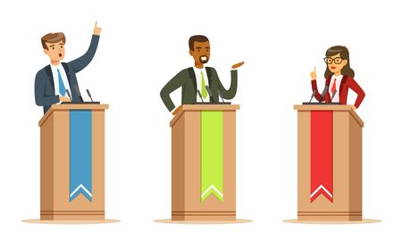 Young Politician Male And Female Speakers Behind Rostrum In Debates Vector Illustration Set Isolated On White Backgroundのイラスト素材
