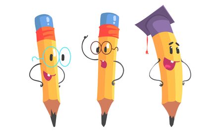 Yellow pencil with hands and glasses. Vector illustration.のイラスト素材