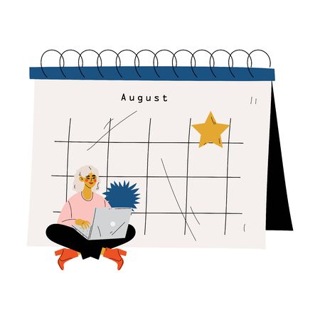 Young Woman Sitting Near Big Calendar Using Laptop Computer, Time Management and Business Planning Vector Illustrationのイラスト素材