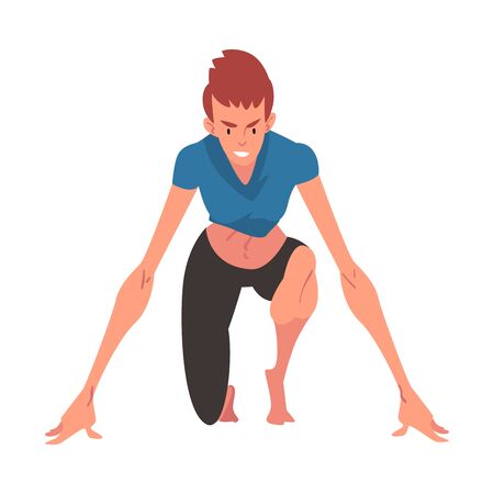 Female Athlete Character on a Race Track Ready to Run, Active Sport Lifestyle Vector Illustration on White Background.のイラスト素材