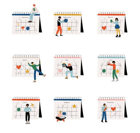 Collection of Small People Standing Near Big Calendar Planning and Scheduling Important Events, Time Management and Business Planning Comcept Vector Illustration on White Background.のイラスト素材