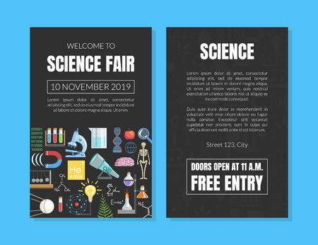 Welcome to Science Fair Invitation Card Template, Scientific Conference Advertising Flyer, Poster, Promotional Material Vector Illustration, Web Design.のイラスト素材