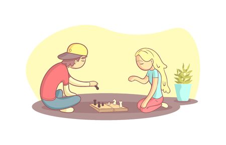 Girl And Guy Sitting on the Floor and Playing Chess Vector Illustrationのイラスト素材