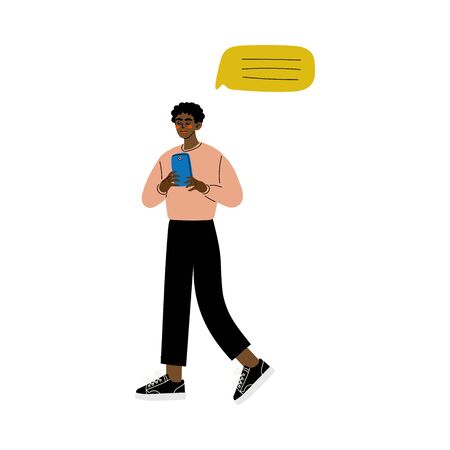 Young African American Man Chatting Online or Searching for Information Using Smartphone Vector Illustrationのイラスト素材