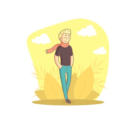 Guy Walking in the Park, Person Enjoying Beautiful Nature Vector Illustrationのイラスト素材