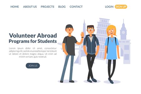 Volunteer Abroad, Programs for Students Landing Page Template, Education and Science Training, Learning Courses Website Vector Illustrationのイラスト素材