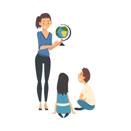Female Teacher Standing Beside Chalkboard and Explaining Geography Lesson Vector Illustrationのイラスト素材