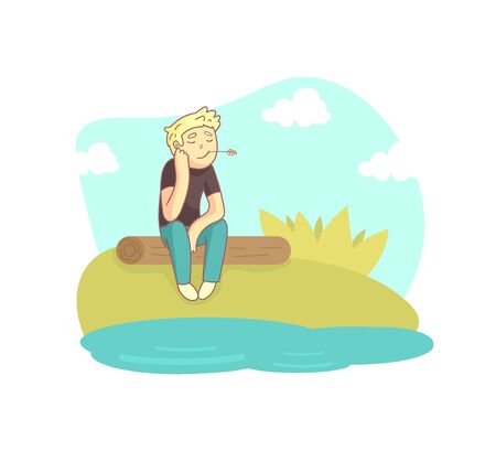 Guy Sitting on a Log Near the Pond, Person Enjoying Beautiful Nature Vector Illustrationのイラスト素材