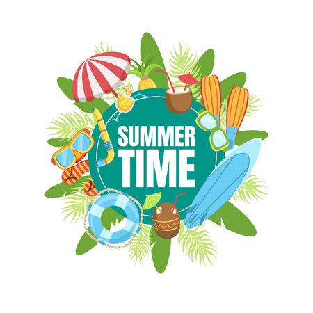 Summer Time Banner Template with Tropical Beach Elements, Summer Holidays Season Vector Illustrationのイラスト素材