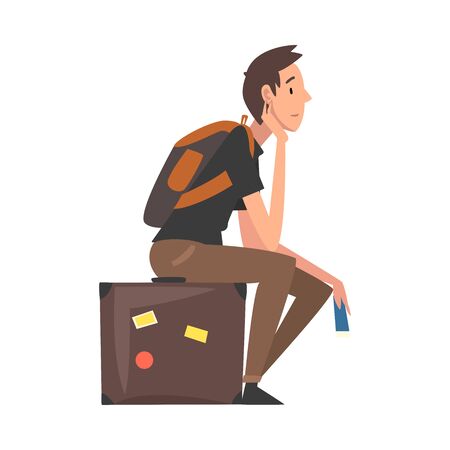 Man Sitting on Suitcase Waiting for Departure, Guy Travelling on Summer Vacation Vector Illustrationのイラスト素材