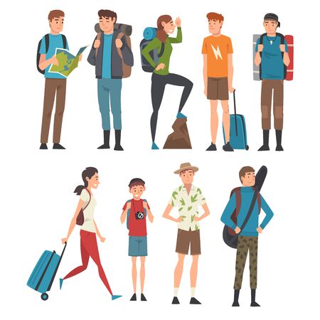 Male and Female Tourists Travelling Set, People Having Summer Travel, Backpacking Trip or Expedition Vector Illustrationのイラスト素材
