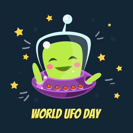 World UFO Day Banner Template with Cute Funny Alien in Spaceship Vector Illustrationのイラスト素材