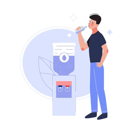 Young Man Drinking Fresh Clean Water at the Cooler in the Office Vector Illustrationのイラスト素材