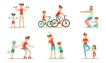 Parents With Children Doing Sports Exercises Together Vector Illustration Set Isolated On White Backgroundのイラスト素材
