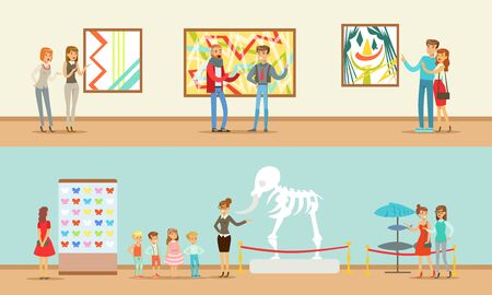 Museum Visitors Taking Museum Tour With And Without Guide Vector Illustrationsのイラスト素材