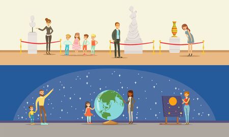 Museum Visitors Taking Museum Tour With And Without Guide Vector Illustrationsのイラスト素材