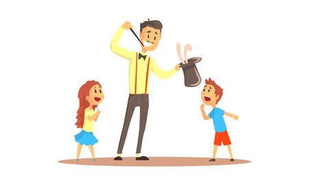 Young Man Magician Pulling Rabbit From Top Hat For Spectators Vector Illustrationのイラスト素材