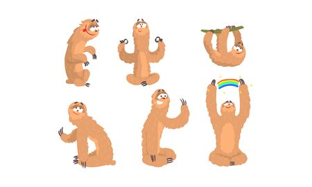Sloth Cartoon Character Expressing Different Emotions Vector Setのイラスト素材