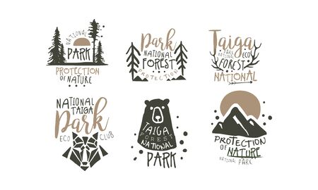 Alaska National Park Promo Signs Series With Wilderness Elements Silhouettessのイラスト素材