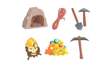 Gold Mining Attributes Vector Set. Mineral Crystal Searching Collectionのイラスト素材