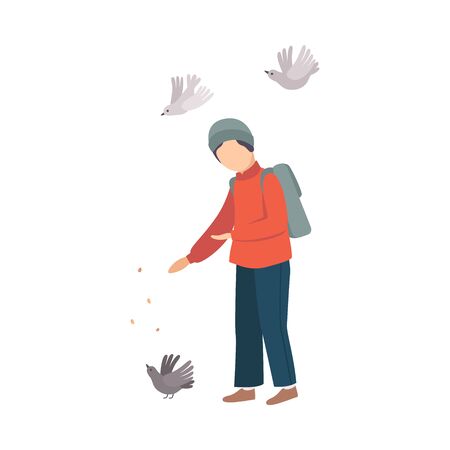 Child Stopped Feeding Pigeons on His Way Home from School Vector Illustrationのイラスト素材