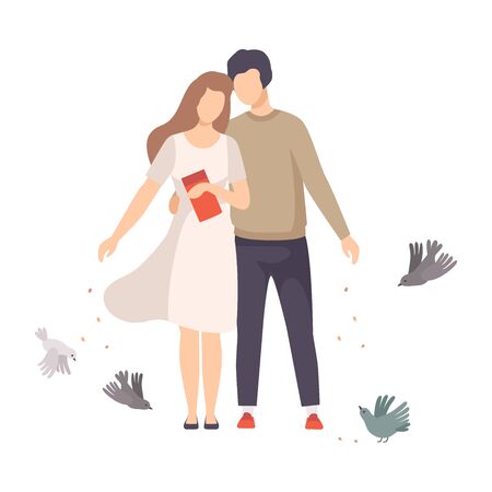 Young Couple Walking Along the Park and Feeding Pigeons with Crumbles Vector Illustrationのイラスト素材