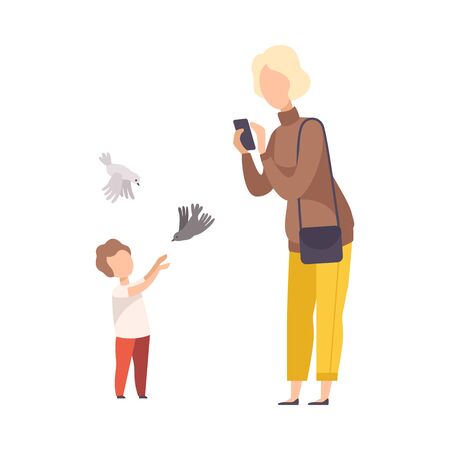 Faceless Blonde Woman Making Photo of Kid with Pigeons in the Park Vector Illustrationのイラスト素材