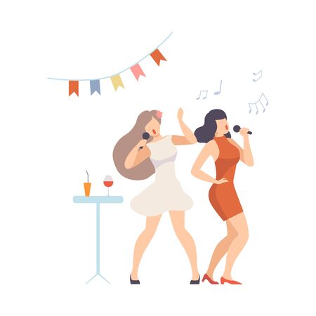 Two Cheerful Women Sing Into Microphones On Party Vector Illustration Cartoon Characterのイラスト素材