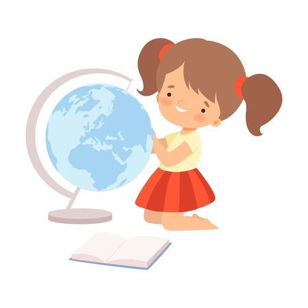 Little Cute Girl Examining Globe and Learning to Read Vector Illustrationのイラスト素材