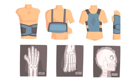 Different types of bandage and xrays. Set of vector illustrations.のイラスト素材