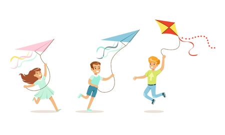 Boys and girls fly kites. Vector illustration.のイラスト素材
