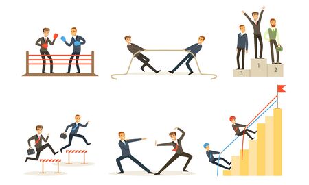 Office Workers Compete With Each Other, Achieve Goals Vector Illustration Set Isolated On White Backgroundのイラスト素材