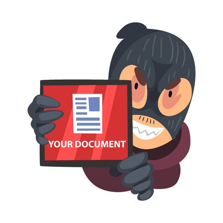 Hacker in Mask and Gloves Trying to Access Document Folder Vector Illustrationのイラスト素材