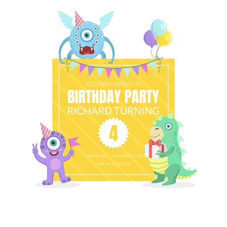 Cute monsters with a gift and a flag next to a big yellow square birthday party invitation. Vector illustration.のイラスト素材
