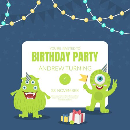 Birthday party invitation. Vector illustration of a dark blue background.のイラスト素材