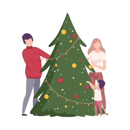 Happy Family Preparing for New Year Holiday Celebration Vector Illustrationのイラスト素材