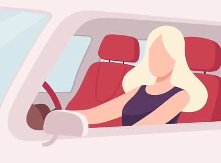 Blonde Woman Driving a Car, View from the Inside, Female Driver Character Holding Hands on a Steering Wheel Vector Illustration in Flat Style.のイラスト素材