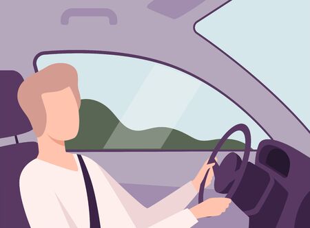 Man Driving a Car, Male Driver Character Holding Hands on a Steering Wheel, View from the Inside Vector Illustration in Flat Style.のイラスト素材