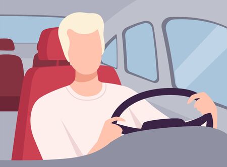 Young Man Driving a Car, View from the Inside, Male Driver Character Holding Hands on a Steering Wheel Vector Illustration in Flat Style.のイラスト素材