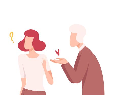 Man Offering his Heart to Woman Refusing to Take It, Male and Female Characters Experiencing Unrequited Feelings, One Sided or Rejected Love Flat Vector Illustration on White Background.のイラスト素材