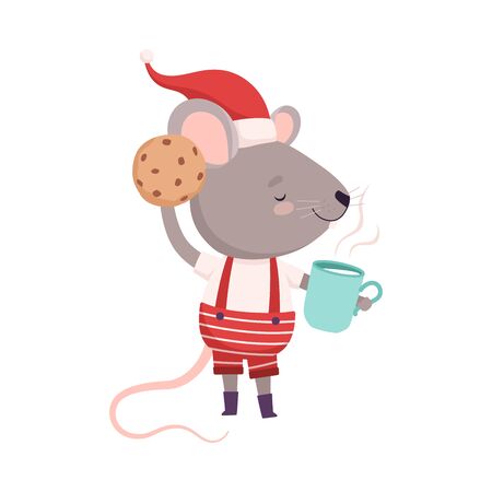 Cute Mouse in Red Santa Hat with Cup of Tea and Cookie, Cute Small Rodent Animal Character, Symbol of 2020 Year Vector Illustrationのイラスト素材