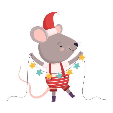 Cute Mouse in Christmas Santa Claus Costume Holding Electric Garland, Cute Small Rodent Animal Character, Symbol of 2020 Year Vector Illustrationのイラスト素材