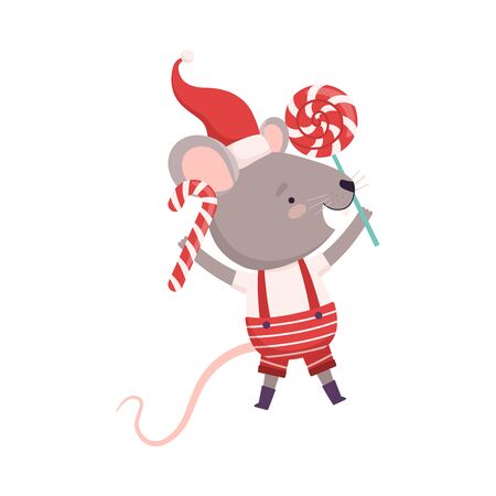 Cute Mouse Holding Candy Cane and Lollipop, Cute Small Rodent Animal Character, Symbol of 2020 Year Vector Illustrationのイラスト素材