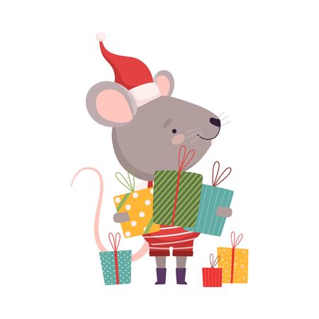 Cute Mouse in Christmas Santa Claus Costume with Gift Boxes, Cute Small Rodent Animal Character, Symbol of 2020 Year Vector Illustrationのイラスト素材